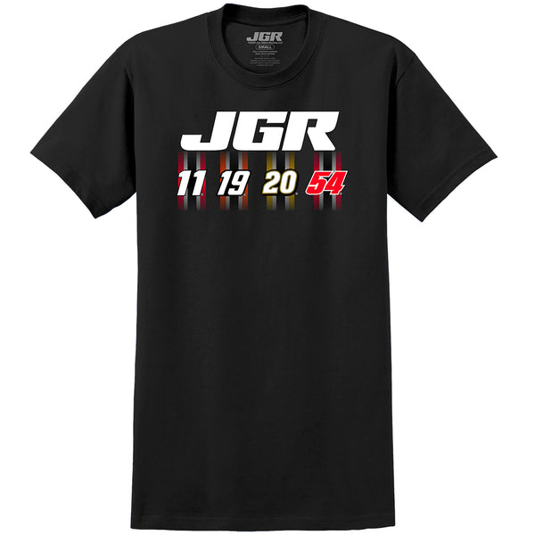 Joe Gibbs Racing 2025 Cup Series Team 4-Car T-Shirt Black Chase Briscoe Christopher Bell Denny Hamlin Ty Gibbs NASCAR