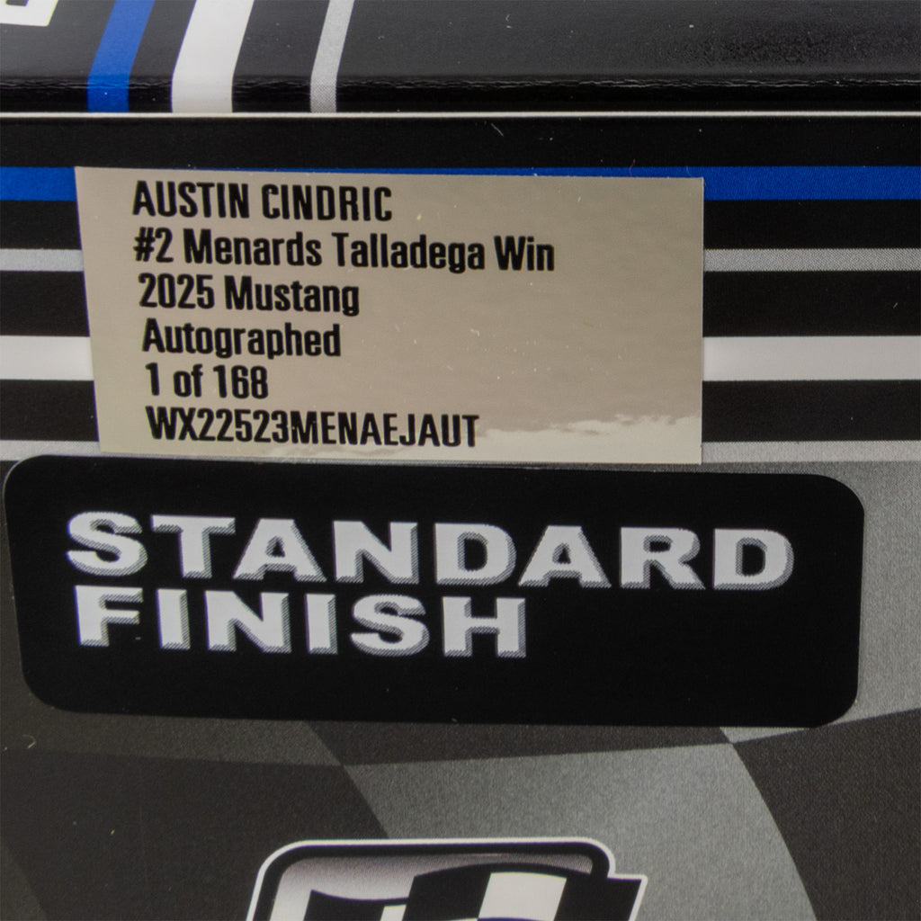 Austin Cindric Autographed Talladega Race Win 1:24 Standard 2025 Diecast Car #2 Menards NASCAR