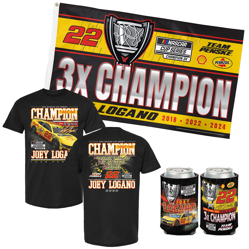 Joey Logano 2024 Champ Stats T-Shirt, Champ 3x5 On Track Flag and Champ Can Hugger BUNDLE PRICED