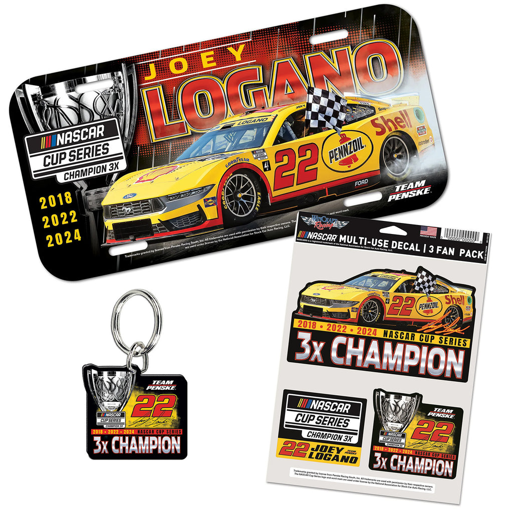 Joey Logano 2024 Champ License Plate, Decal 3-Pack and Keychain BUNDLE PRICED