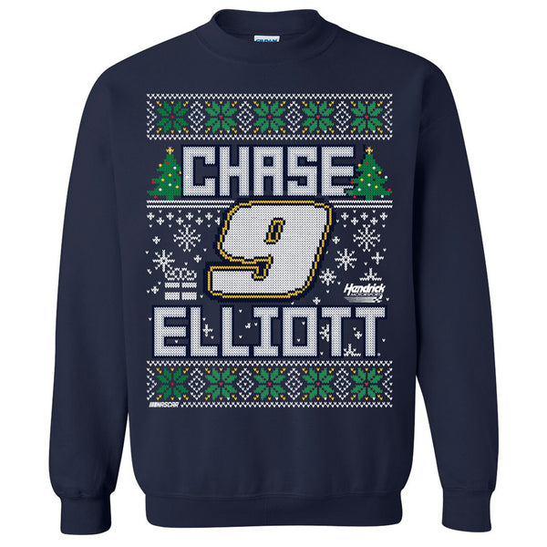 Chase Elliott 2024 Ugly Christmas Sweater Crewneck Sweatshirt Blue #9 NASCAR