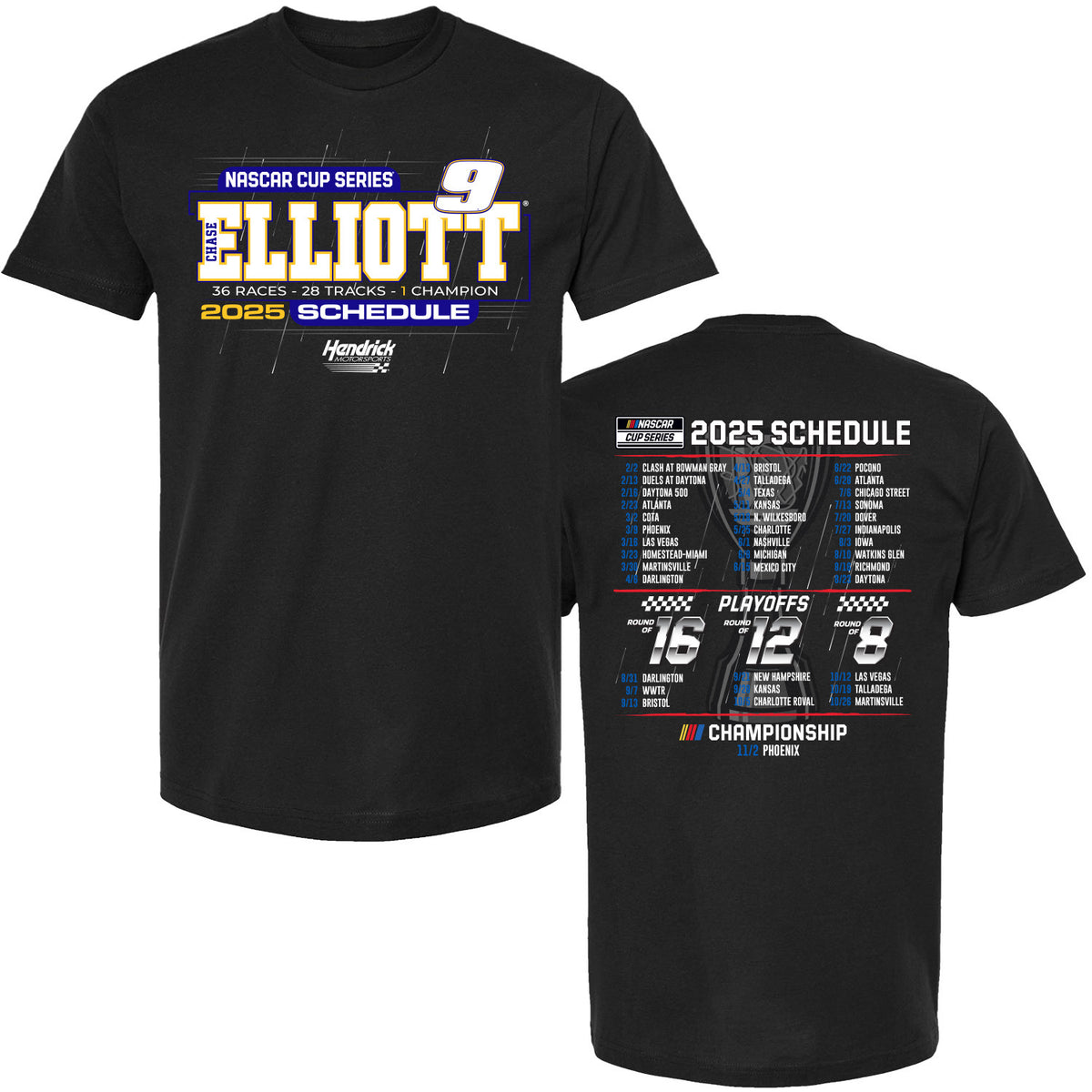 Chase Elliott 2025 NASCAR Cup Series Schedule TShirt Black