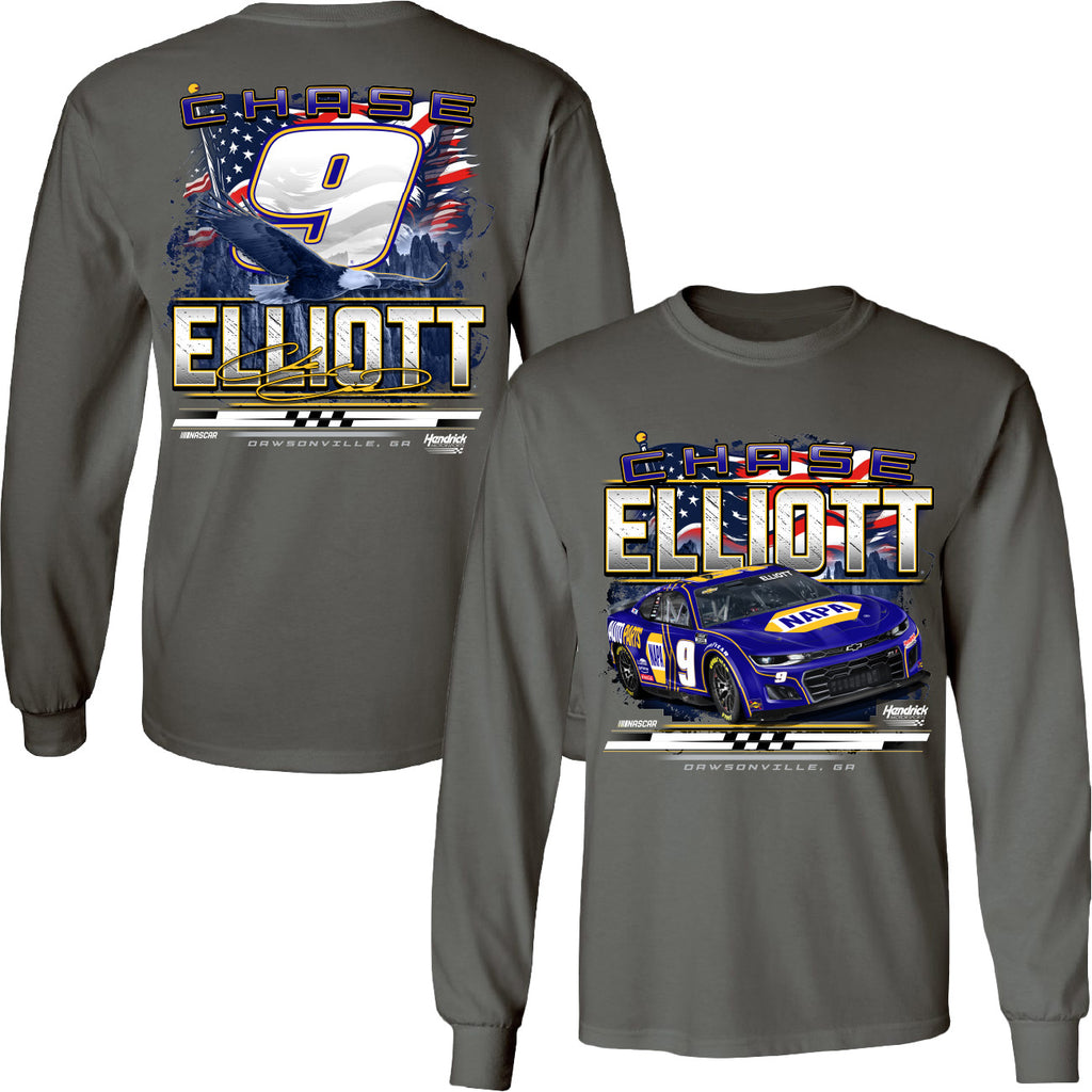 Chase Elliott 2025 Long Sleeve NAPA Patriotic Eagle 2-Spot T-Shirt Gray #9 NASCAR