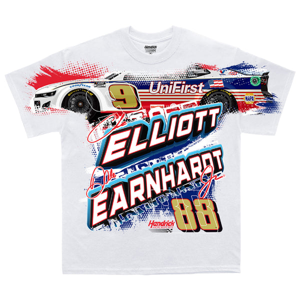 Chase Elliott / Dale Earnhardt Jr 2024 Darlington Total Print White T-Shirt #9 Unifirst #88 National Guard NASCAR