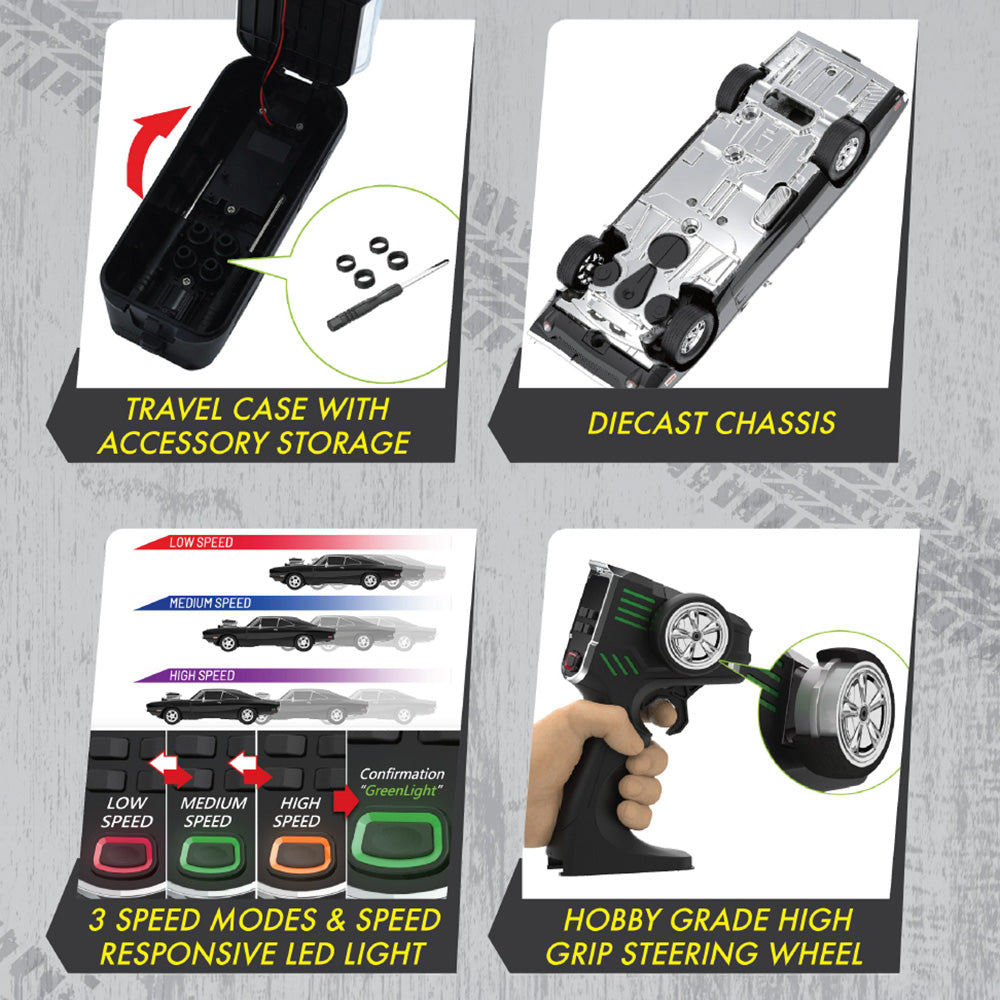 Greenlight 1:64 The Fast & The Furious "Dom's 1970 Charger" Remote Controlled Diecast In Motion Combo Set