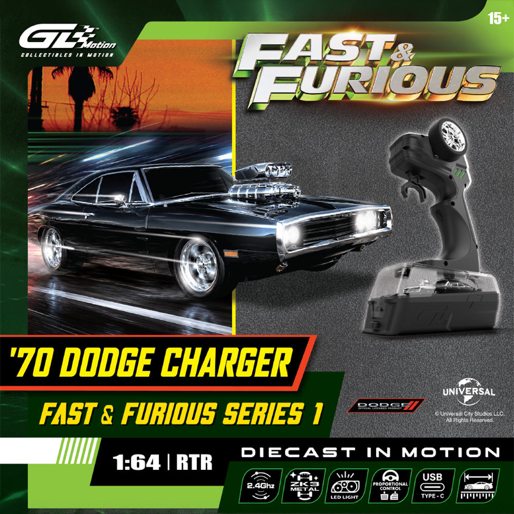 Greenlight 1:64 The Fast & The Furious "Dom's 1970 Charger" Remote Controlled Diecast In Motion Combo Set