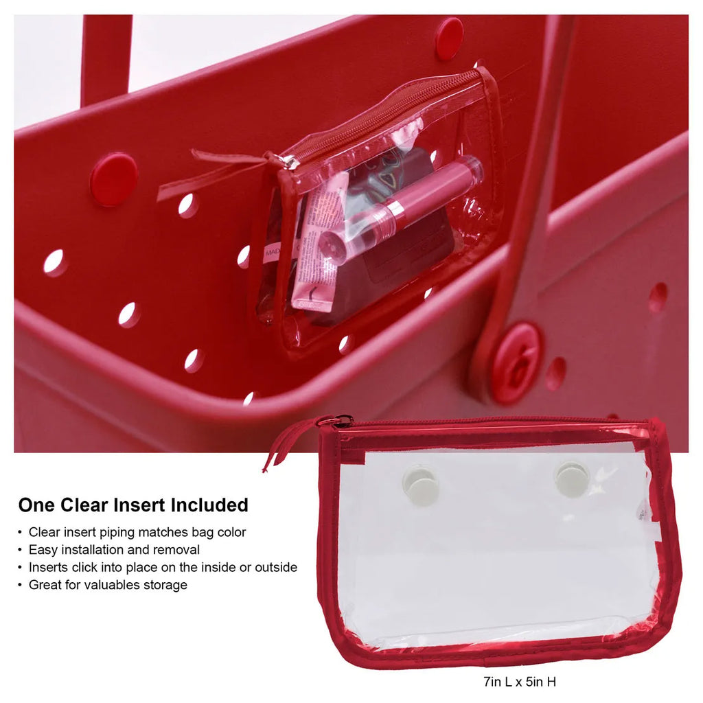 Red storage bag with clear insert and text about its features.