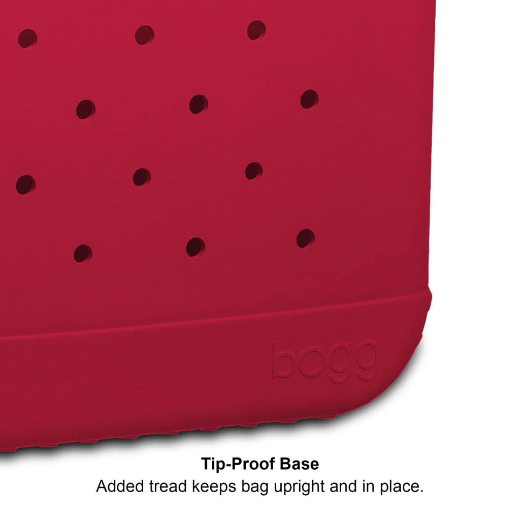 Red bag with tip-proof base feature and Bogg logo