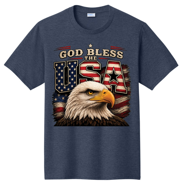 God Bless the USA Patriotic Eagle American Flag T-Shirt Heather Blue