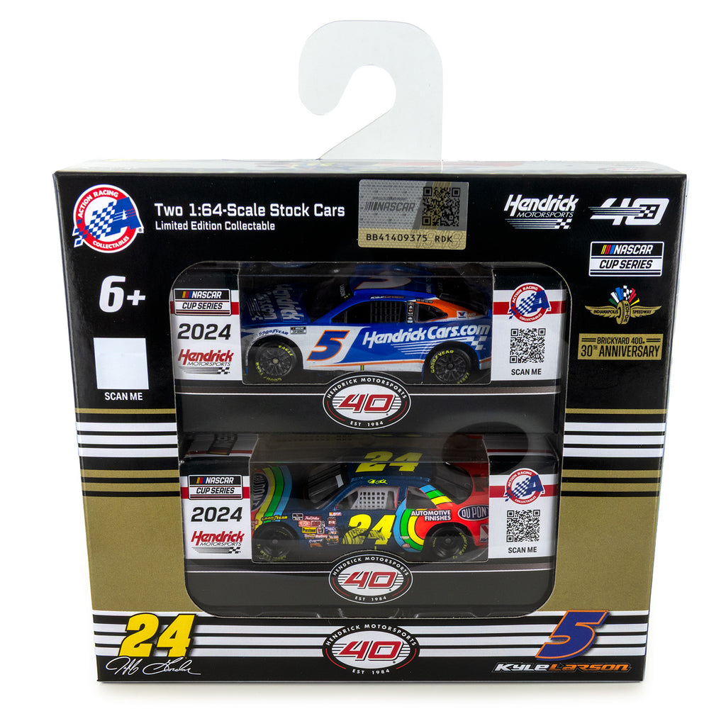 Jeff Gordon / Kyle Larson Hendrick Motorsports 30-Year Brickyard Bookend Race Win 1:64 Standard 2024 2-Car Diecast Set In Special Collectible Packaging