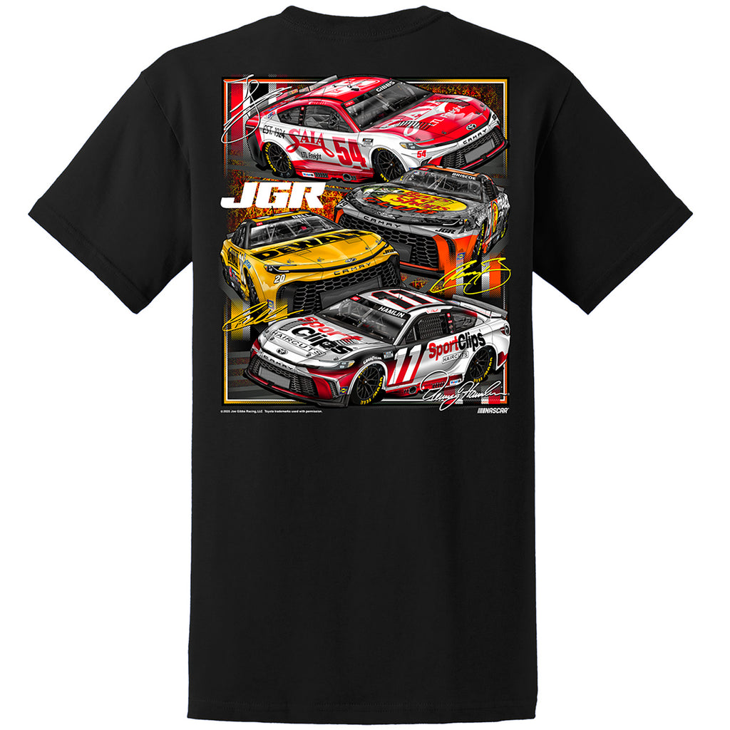 Joe Gibbs Racing 2025 Cup Series Team 4-Car T-Shirt Black Chase Briscoe Christopher Bell Denny Hamlin Ty Gibbs NASCAR