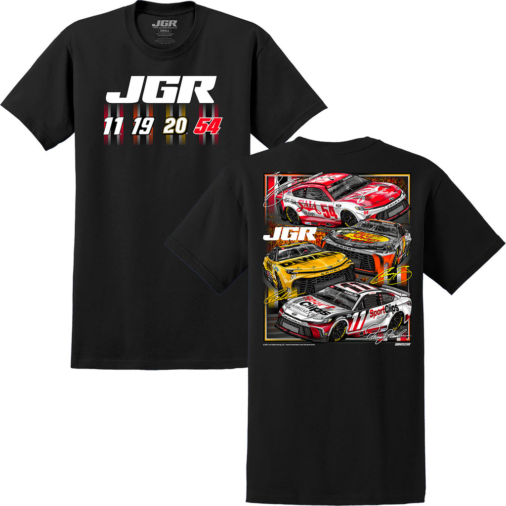 Joe Gibbs Racing 2025 Cup Series Team 4-Car T-Shirt Black Chase Briscoe Christopher Bell Denny Hamlin Ty Gibbs NASCAR
