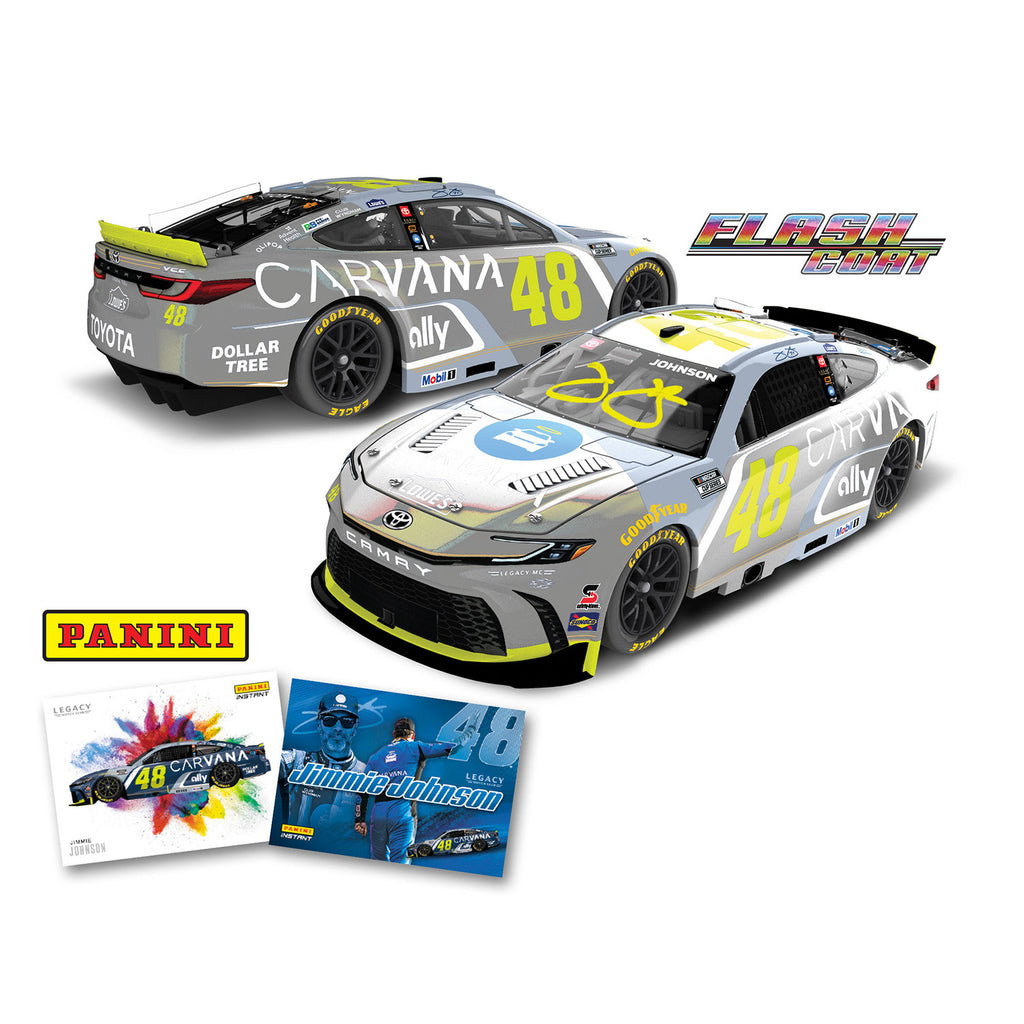 Jimmie Johnson Autographed Flash Coat Carvana / Lowe's Daytona Final Ride with Panini Trading Card 1:24 2027 Diecast Car #48 NASCAR