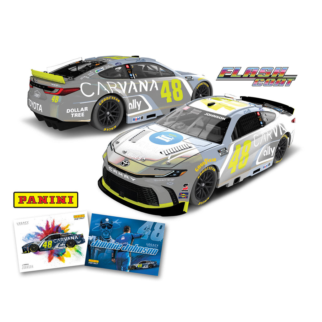 Jimmie Johnson Flash Coat Carvana / Lowe's Daytona Final Ride with Panini Trading Card 1:24 2027 Diecast Car #48 NASCAR