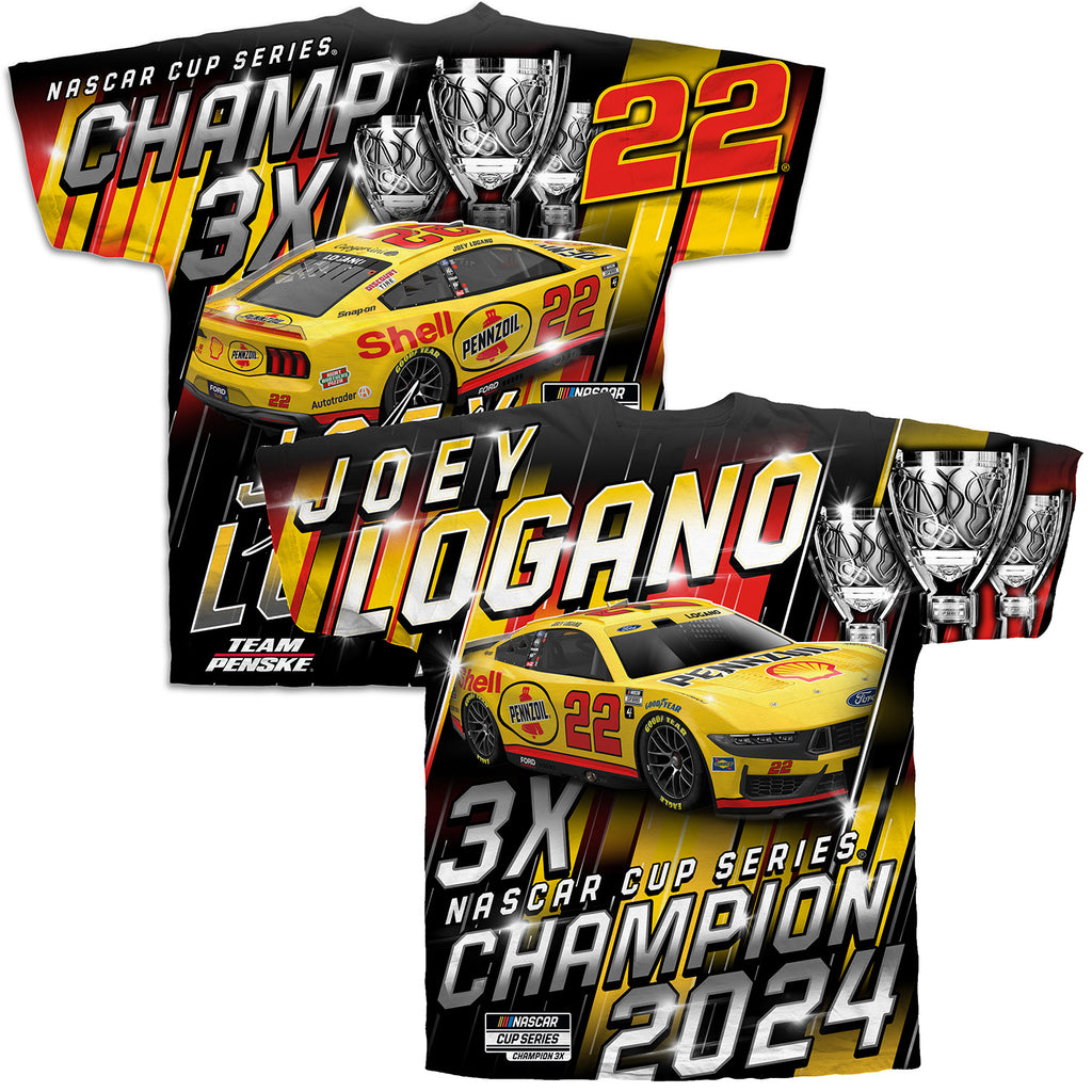 Joey Logano 2024 NASCAR Cup Series Champion Sublimated Total Print T-Shirt #22 Shell Pennzoil