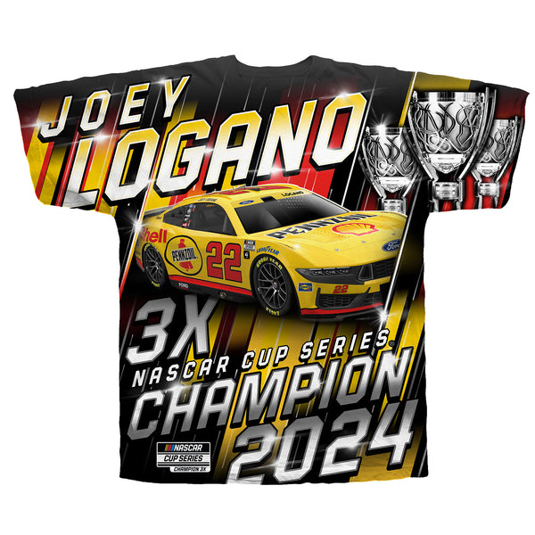 Joey Logano 2024 NASCAR Cup Series Champion Sublimated Total Print T-Shirt #22 Shell Pennzoil