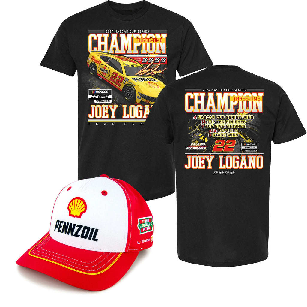 Joey Logano 2024 Champ Stats T-Shirt and Team Pit Hat BUNDLE PRICED