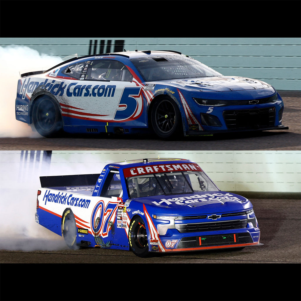 Kyle Larson Homestead-Miami Race Win HendrickCars Cup and Truck 1:64 Standard 2025 2-Car Diecast Set In Special Collectible Packaging