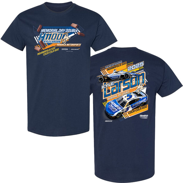Kyle Larson 2025 IndyCar / NASCAR Cup H1100 Memorial Day Double 2-Spot T-Shirt Blue