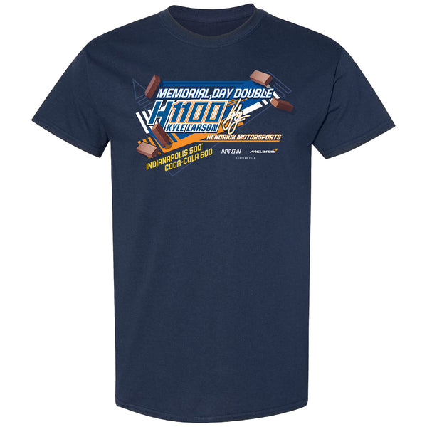 Kyle Larson 2025 IndyCar / NASCAR Cup H1100 Memorial Day Double 2-Spot T-Shirt Blue