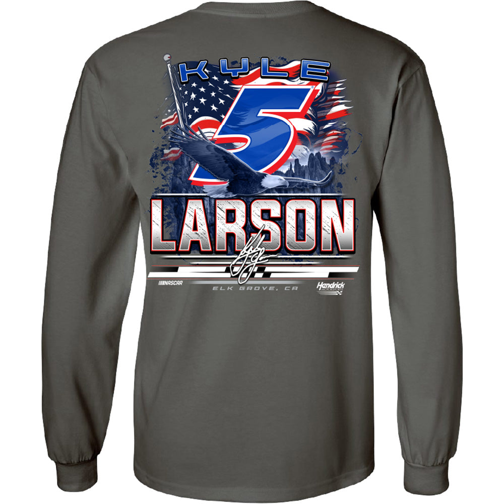 Kyle Larson 2025 Long Sleeve HendrickCars Patriotic Eagle 2-Spot T-Shirt Gray #5 NASCAR