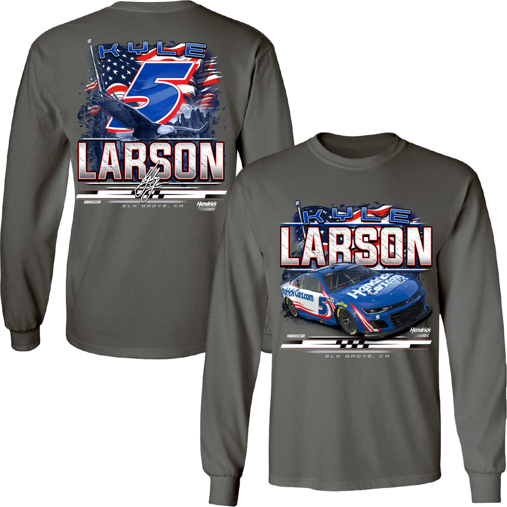 Kyle Larson 2025 Long Sleeve HendrickCars Patriotic Eagle 2-Spot T-Shirt Gray #5 NASCAR