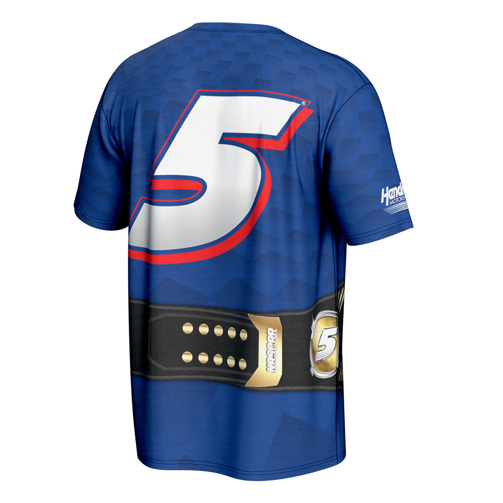 Kyle Larson 2025 NASCAR Cup Champion Title Belt Sublimated Total Print ProSphere T-Shirt Blue