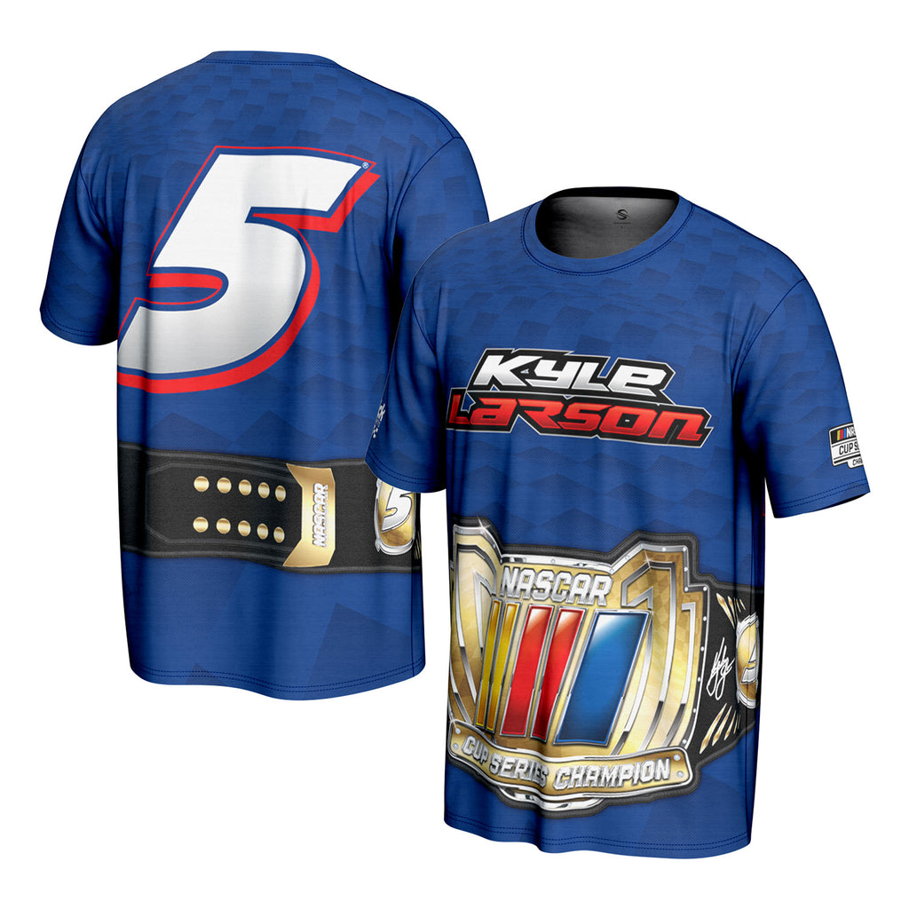 Kyle Larson 2025 NASCAR Cup Champion Title Belt Sublimated Total Print ProSphere T-Shirt Blue