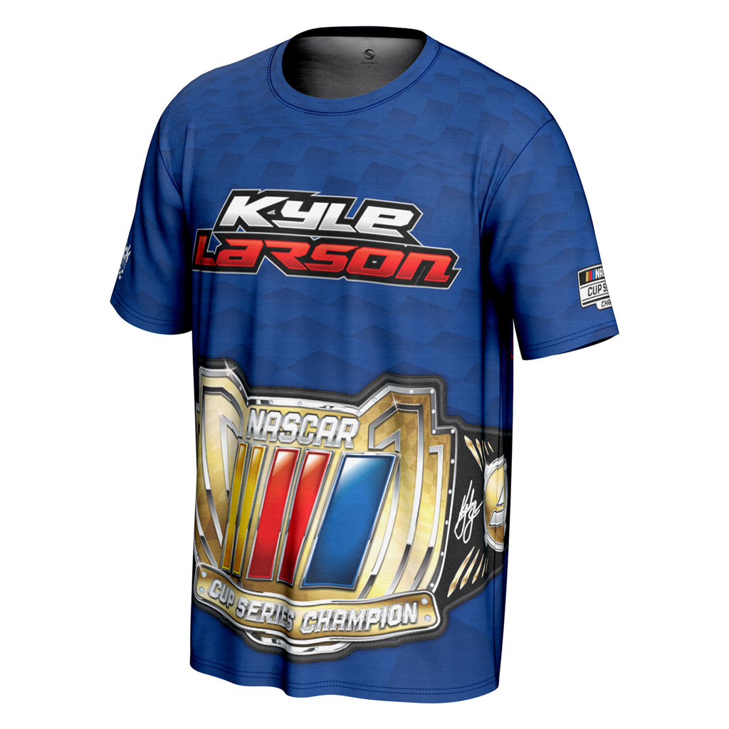 Kyle Larson 2025 NASCAR Cup Champion Title Belt Sublimated Total Print ProSphere T-Shirt Blue
