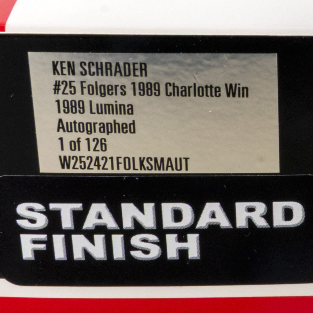 Ken Schrader Autographed Charlotte Race Win 1:24 Standard 1989 Diecast Car Folgers #25 NASCAR