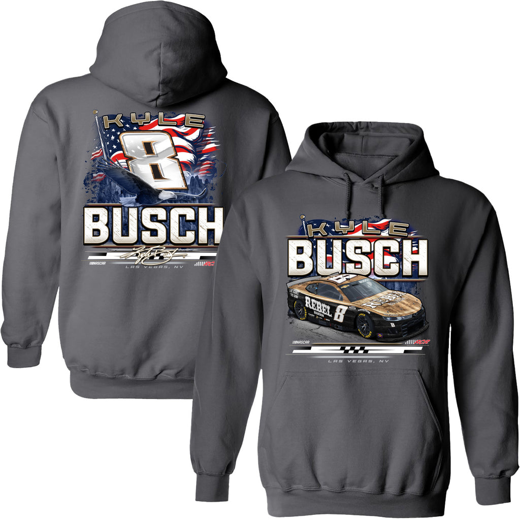 Kyle Busch 2025 Rebel Bourbon Patriotic Eagle 2-Spot Hoodie Outerwear Sweatshirt Gray
