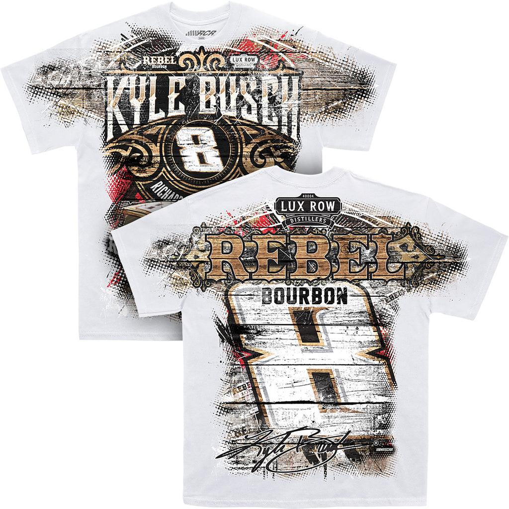 Kyle Busch 2025 Rebel Bourbon Total Print White T-Shirt #8 NASCAR
