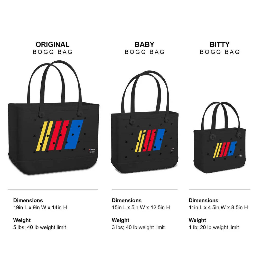 Three black Bogg bags with colorful stripes labeled 'Original', 'Baby', and 'Bitty' on a white background.