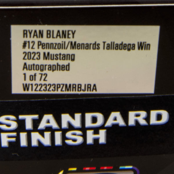 Ryan Blaney Autographed Talladega Race Win 1:24 Standard 2023 Diecast Car #12 Menards NASCAR