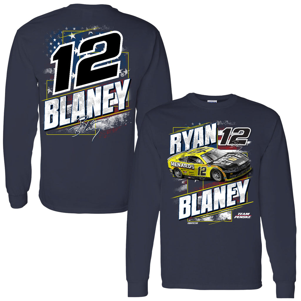 Ryan Blaney 2024 Long Sleeve Patriotic #12 Car T-Shirt Blue Menards NASCAR