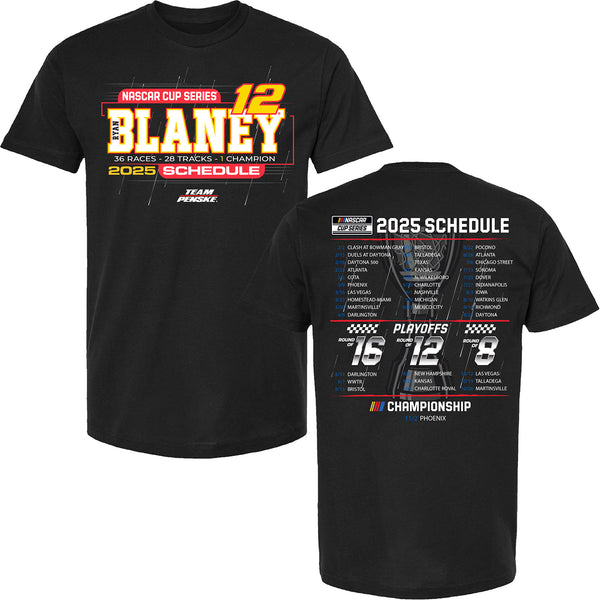 Ryan Blaney 2025 NASCAR Cup Series Schedule T-Shirt Black #12