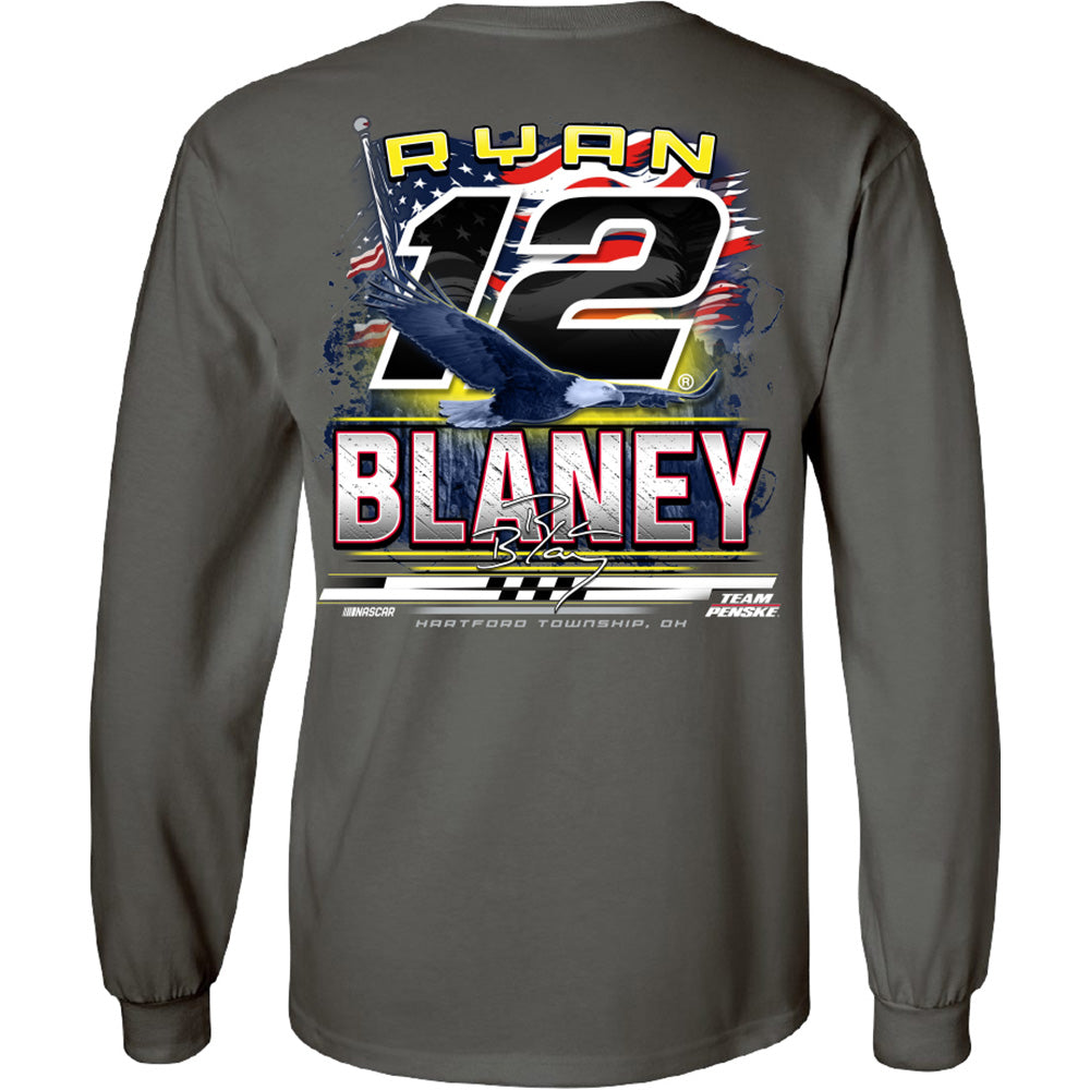 Ryan Blaney 2025 Long Sleeve Menards Patriotic Eagle 2-Spot T-Shirt Gray