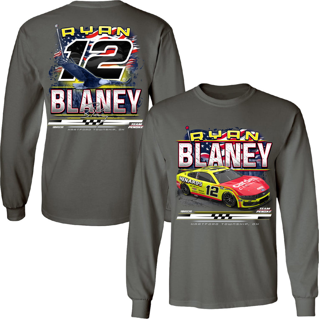 Ryan Blaney 2025 Long Sleeve Menards Patriotic Eagle 2-Spot T-Shirt Gray