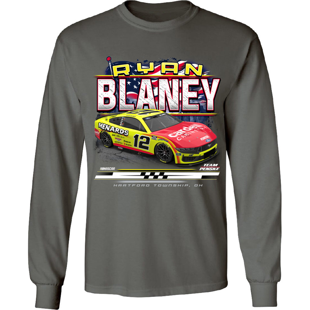 Ryan Blaney 2025 Long Sleeve Menards Patriotic Eagle 2-Spot T-Shirt Gray