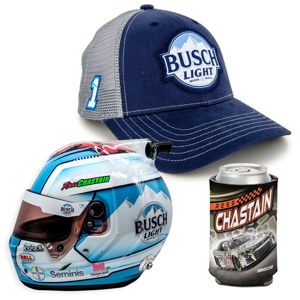 Ross Chastain 2024 Busch Light Team Hat, Camo Can Hugger, 1/2 Scale Replica Busch Light Helmet BUNDLE PRICED