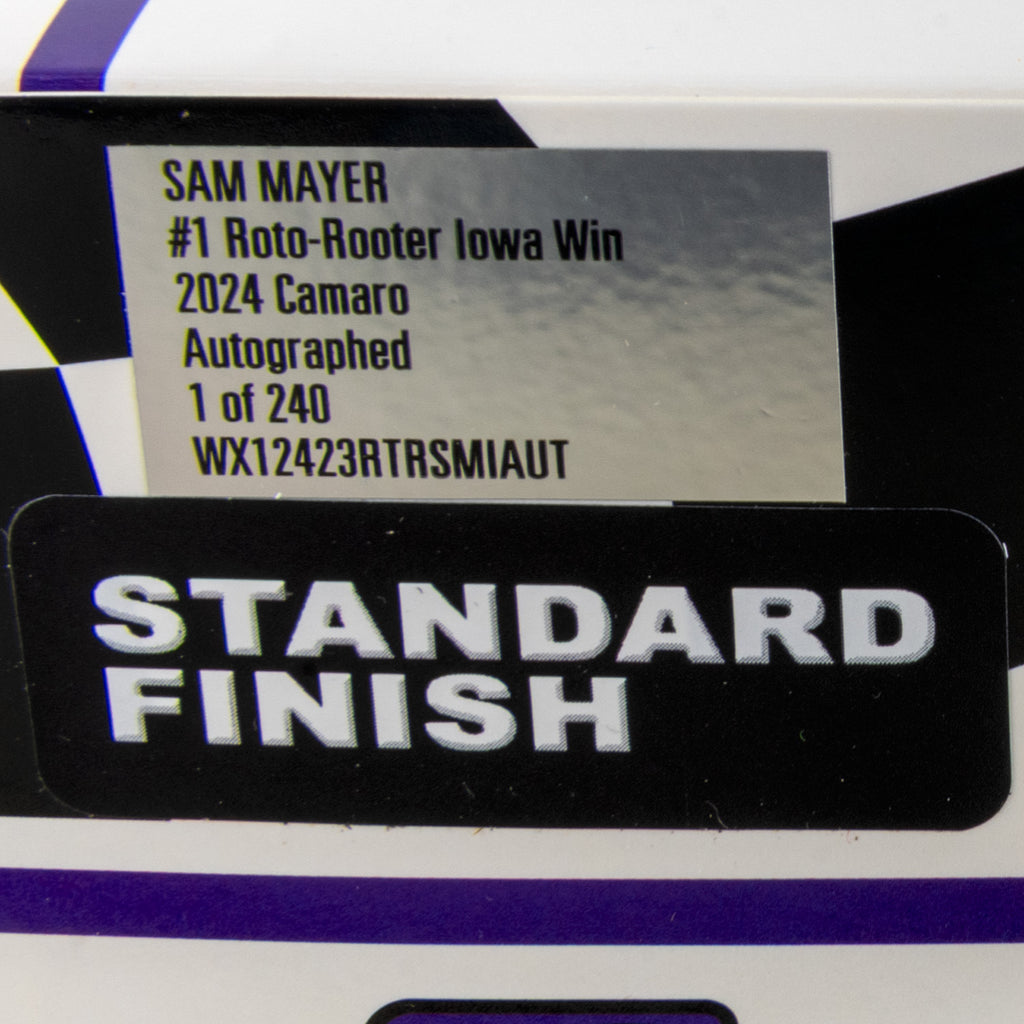 Sam Mayer Autographed Iowa Race Win 1:24 Standard 2024 Diecast Car Roto-Rooter #1 NASCAR