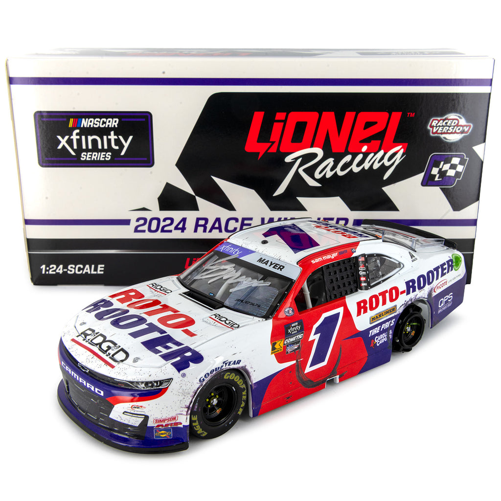 Sam Mayer Autographed Iowa Race Win 1:24 Standard 2024 Diecast Car Roto-Rooter #1 NASCAR