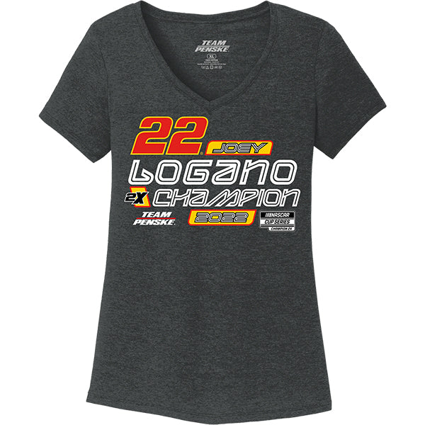 Joey Logano 2022 Women's NASCAR Cup Series Champion V-Neck Ladies Charcoal Gray T-Shirt #22