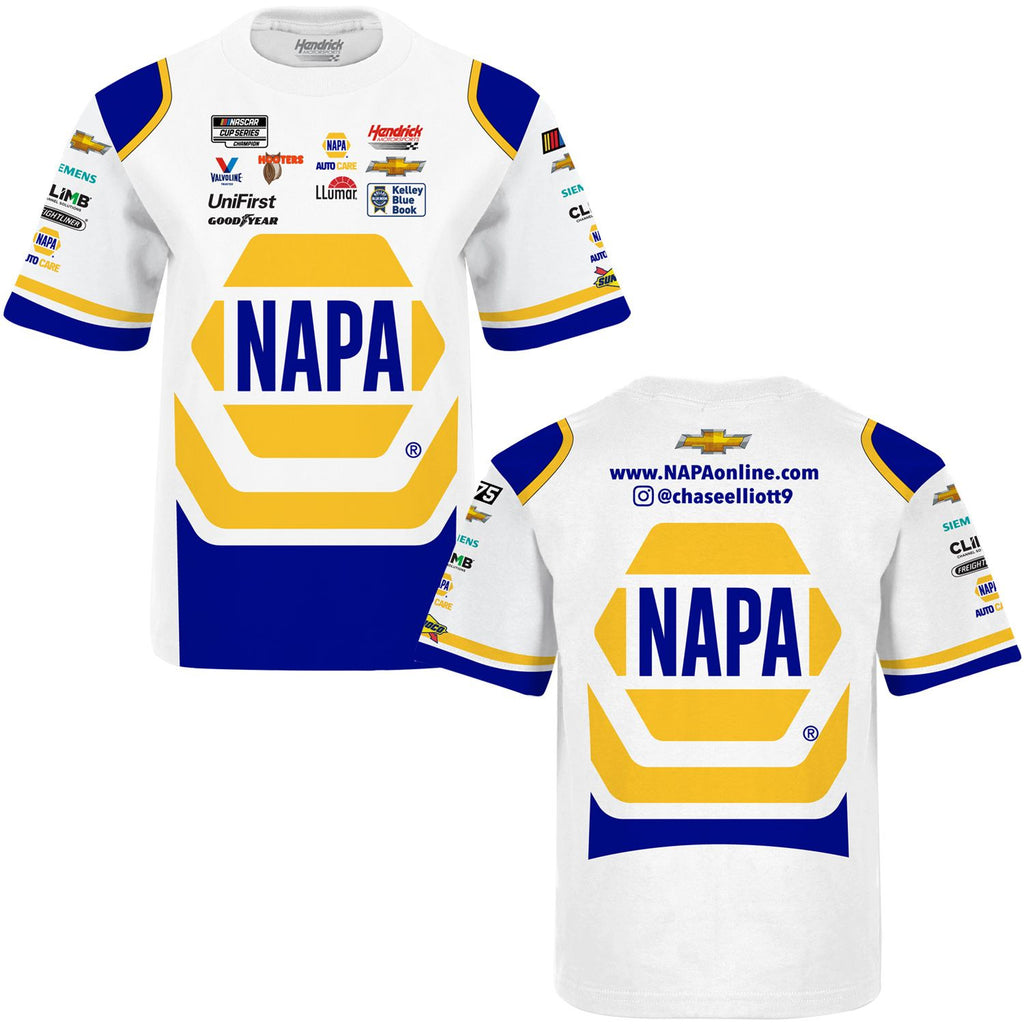 Chase Elliott Youth 2023 NAPA Sublimated Uniform Pit Crew T-Shirt White #9 NASCAR