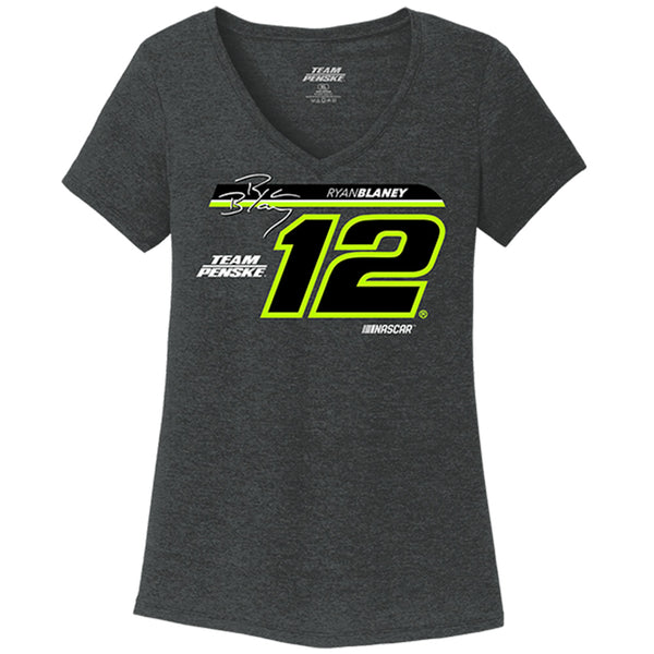 Ryan Blaney 2023 Women's Charcoal V-Neck Ladies T-Shirt #12 NASCAR